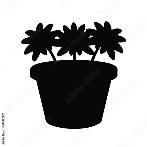 Silhouette of Three Flowers in a Flower Pot on a White Background