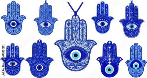 Set of mystical hamsa. Collection of different amulet blue evil eye or Turkish eye. Modern amulet for protection. Spirituality sign.
