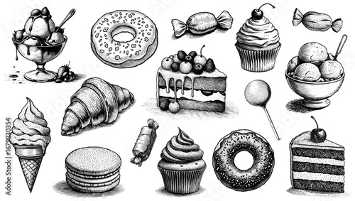 Various desserts in a vintage engraving style, black and white, sweet food and treats