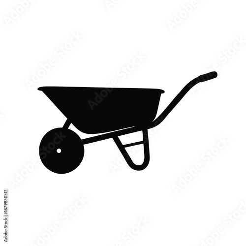A silhouette of a black wheelbarrow used for gardening and construction projects