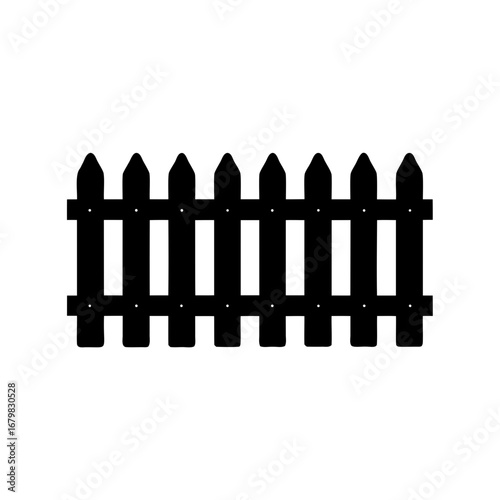 Simple black silhouette of a traditional picket fence on a white background