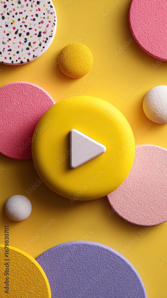Fototapeta premium White play symbol centered in yellow circle, surrounded by multicolored spheres representing dynamic media design with vibrant visual energy