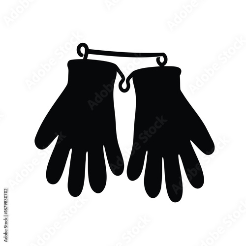 Two black gloves connected by a hook for storing, a simple illustration