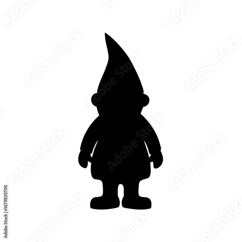 Silhouette of a garden gnome with a pointy hat standing still