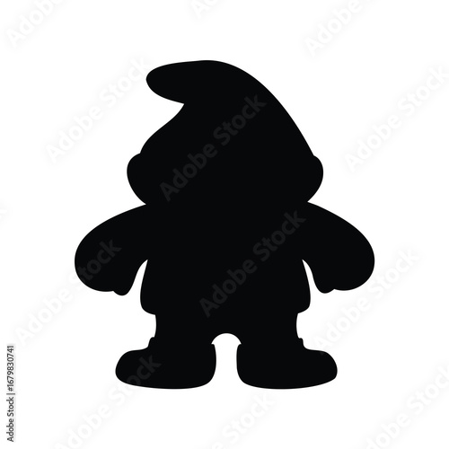 Black silhouette of a cartoon smurf character standing against a white background
