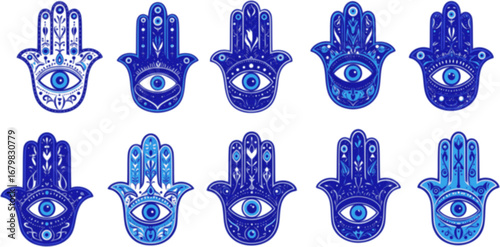 Set of mystical hamsa. Collection of different amulet blue evil eye or Turkish eye. Modern amulet for protection. Spirituality sign.
