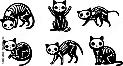 Set of skeleton black cats. Collection of silhouette halloween cats with bones costume. Funny pets. Vector illustration on white background. Tattoo.
