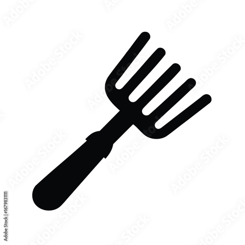 Black silhouette of a fivepronged cultivator tool used in gardening