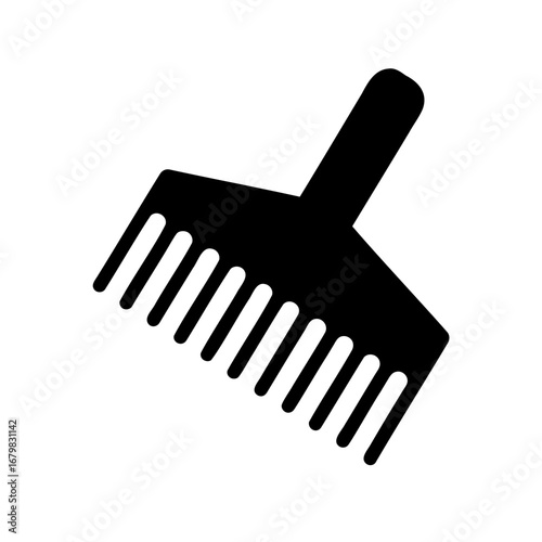 Stylized black garden rake with a short handle on a white background