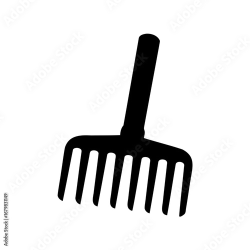 A black silhouette of a gardening rake with multiple tines and handle