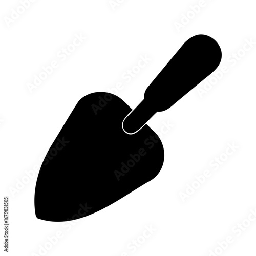 A black silhouette illustration of a trowel or gardening shovel for planting