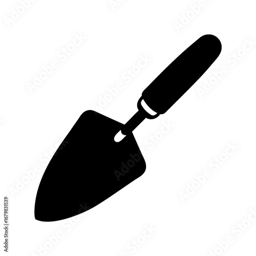 A black silhouette of a gardening trowel for planting seeds and plants