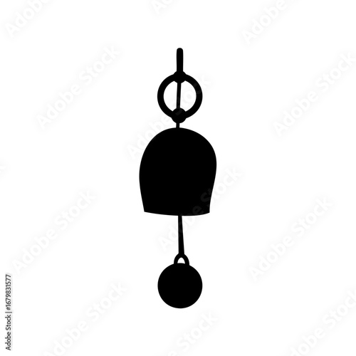 A simple silhouette of a bell with clapper and hanger in black
