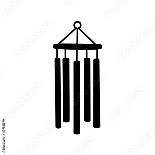 Black and white silhouette of a wind chime with hanging cylinders
