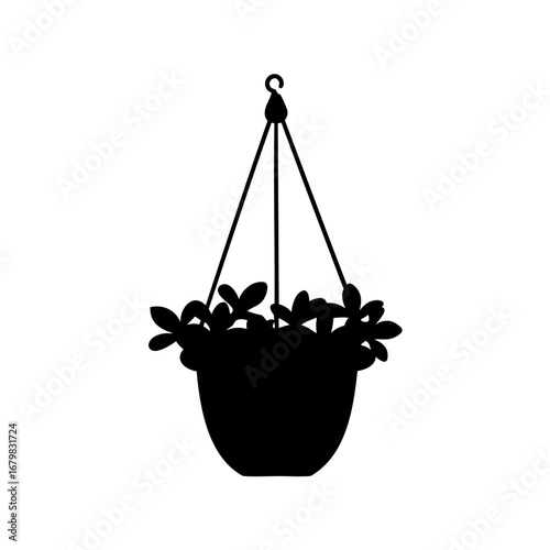 Silhouette of a hanging flower pot with foliage cascading down the sides