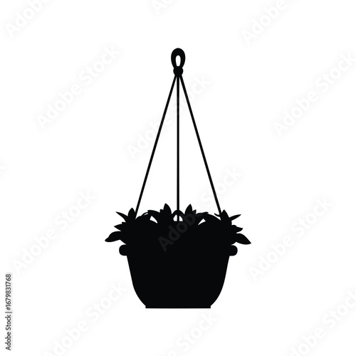 Black silhouette of a hanging flower pot with leaves and strings