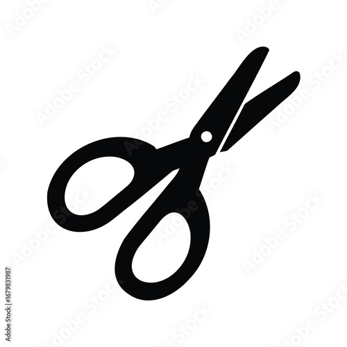 Simple black and white graphic illustration of a pair of scissors