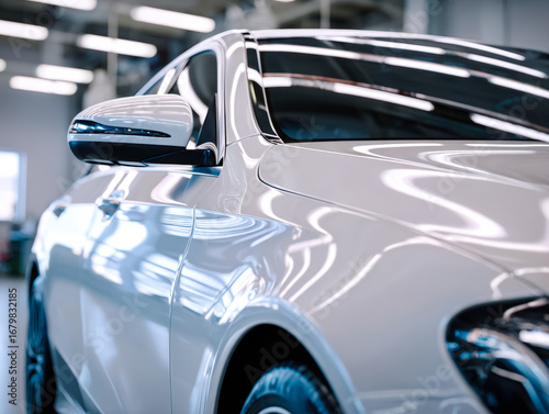 Modern luxury sedan in a sleek, illuminated showroom setting