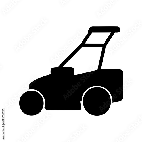 Simple black and white lawn mower symbol for gardening equipment icon
