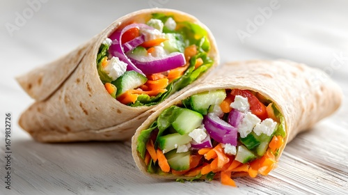 Freshly made wraps, colorful vegetables and creamy dressing, ideal for healthy meals, vibrant and appetizing presentation.