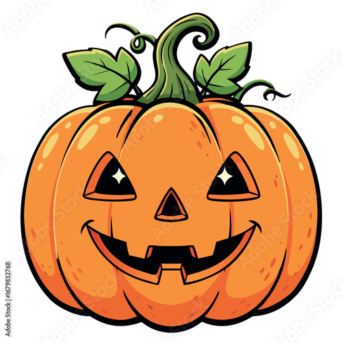 Happy Halloween Pumpkin Character with Funny Face and Green Leaves Vector Design