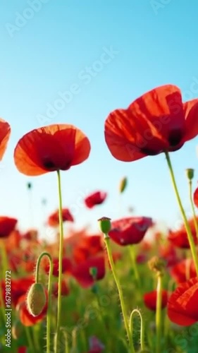 Vibrant red poppies dance under a clear blue sky. 