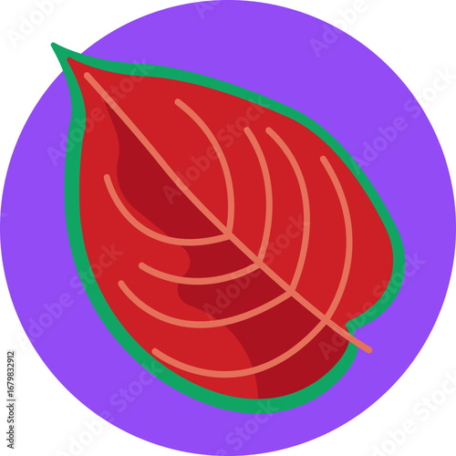A vibrant, heart-shaped tropical leaf with striking color patterns.