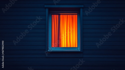 A closed curtain reveals a faint blue screen reflection inside a modern apartment window at night