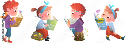 Kids Boy and Girl Reading Books in Nature Cartoon