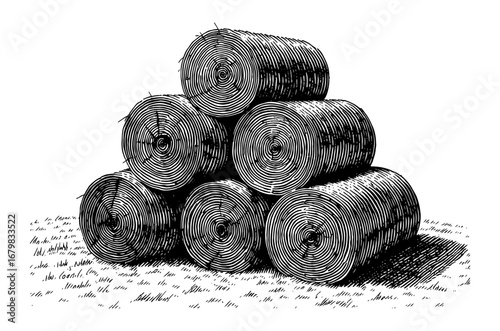 Stacked hay bales in a pyramid shape, drawn in a black and white woodcut style