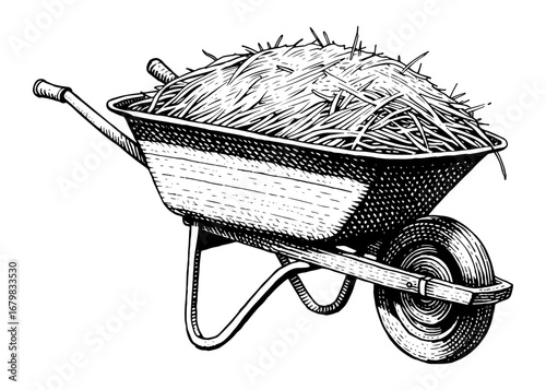 Vintage woodcut wheelbarrow illustration in black and white representing farming and harvest