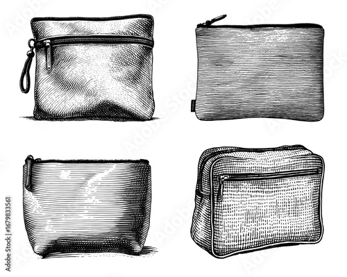 Zippered pouches in a black and white woodcut style, for storing cosmetics or accessories