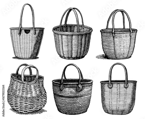 Collection of wicker basket designs in woodcut style, black and white