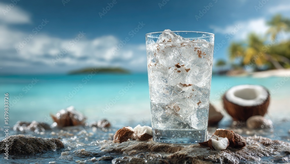 Fototapeta premium Refreshing iced water with coconut pieces. A clear glass of ice-cold water, filled with ice cubes and small pieces of coconut, sits on a rocky beach.