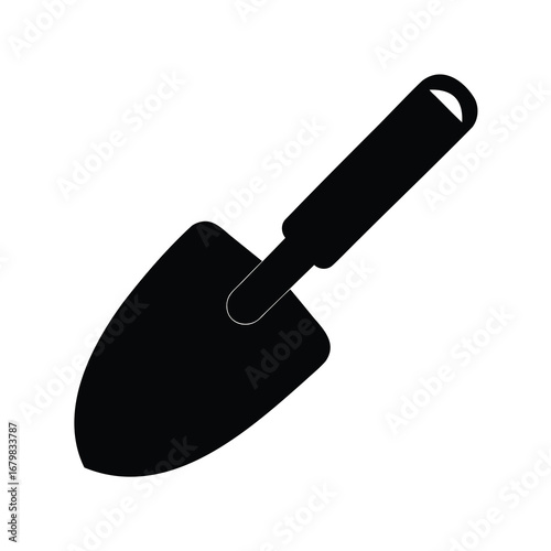 A solid black gardening trowel with a handle isolated on white