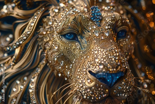 Stunning golden lion artwork with sparkling jewels and blue eyes, regal and majestic