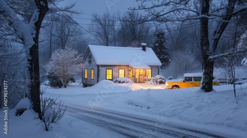 Cozy winter cabin with warm lights and yellow car, perfect for holiday marketing and travel