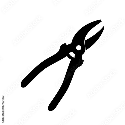 Black silhouette image of pruning shears on a white background space