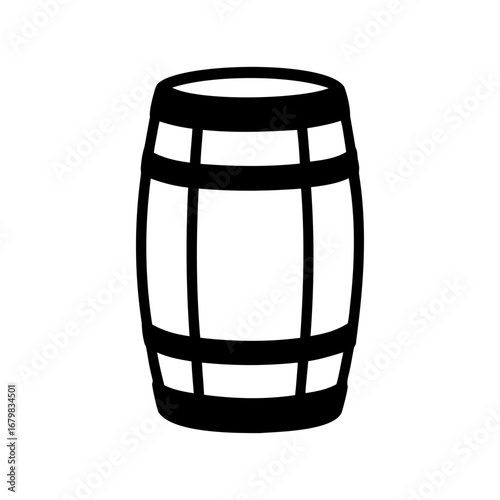 Black and white vector illustration of a wooden barrel on white