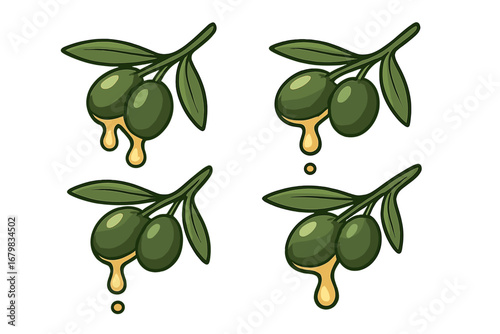 Set of green olive branches with dripping golden oil. Vector illustration collection for natural food packaging, logo, or emblem. Healthy organic extra virgin oil concept.