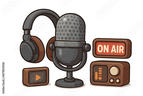 Podcast and radio broadcast vector icon set. Vintage microphone, headphones, on air sign, and retro radio player. Cartoon illustration for audio streaming, media, and sound.