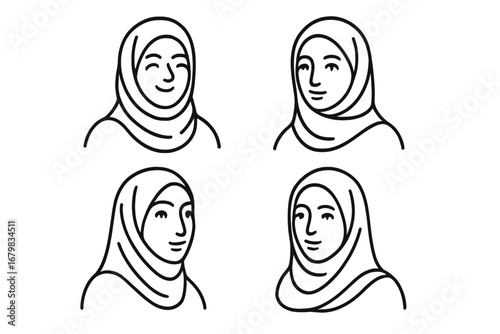 Set of Muslim woman in hijab line art icons. Collection of diverse female avatars. Arabic girl head portraits with different emotions. Vector illustration for Islamic culture.