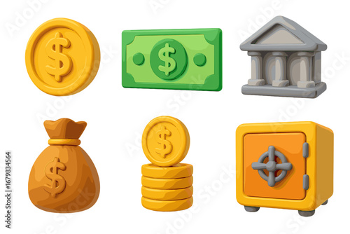 3D finance money icon collection. Vector cartoon illustration with bank, safe, dollar coin, and banknote. Set of financial symbols for business, investment, savings, and currency.