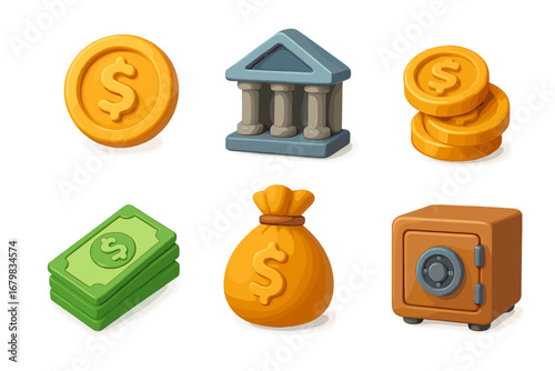 3D finance and money icon set. Vector cartoon illustration of bank, coins, cash, safe, and money bag. Business, banking, and payment symbols. Isolated economic icons.