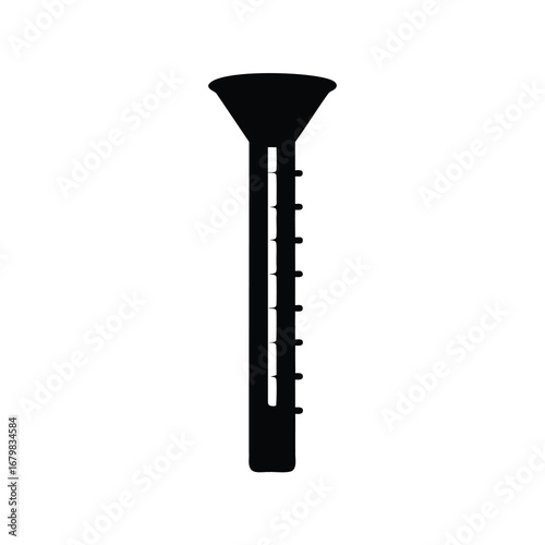 Silhouette of a long wind instrument featuring an expanded bell section and finger holes
