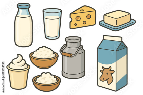 Dairy products vector icon set. Collection of milk, cheese, butter, yogurt, and cottage cheese illustrations. Fresh farm food for nutrition, diet, and breakfast concepts.