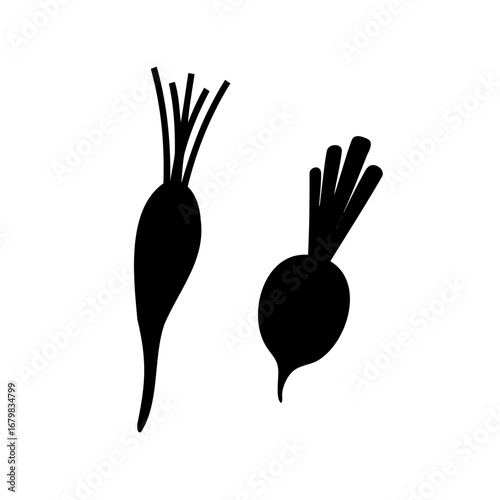 Two stylized root vegetables on a white background in black silhouette