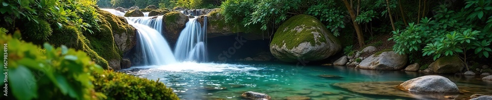 Serene cascade tumbling down moss-covered rocks into a pristine pool, sunlight dappling the surface Perfect for nature, travel, and environmental themes , stream, cliff Serene cascade tumbling down moss-covered rocks into a pristine pool, sunlight dappling the surface Perfect for nature, travel, and environmental themes , stream, cliff
