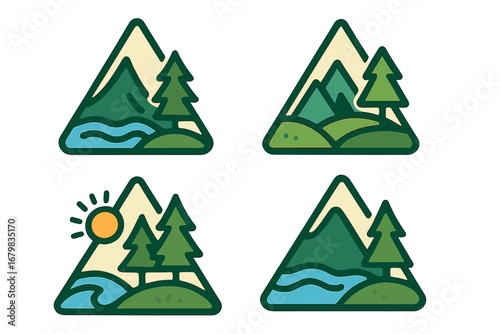 Set of nature adventure logos. Mountain, forest, river vector icons. Outdoor travel, camping, hiking emblem collection. Abstract landscape badge. Modern flat cartoon illustration.