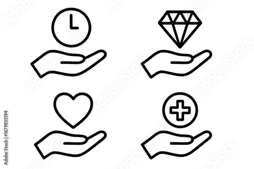 Charity and donation line icon set. Giving time, money, and love concept. Volunteer support, fundraising, and help symbols. Vector outline pictograms for web and graphic design.